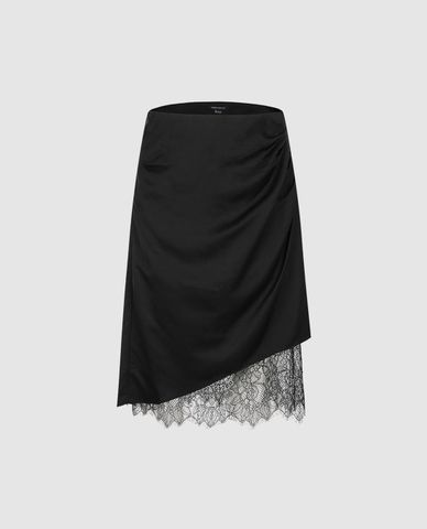 URBAN REVIVO - Chân váy chữ A midi bất đối xứng viền ren 
