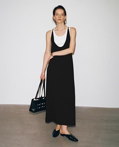  URBAN REVIVO - Đầm hai dây midi phối layer phom suông 
