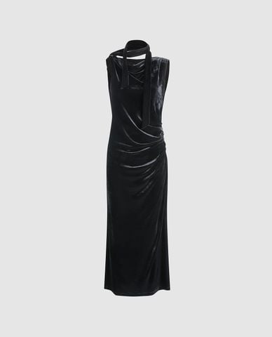  URBAN REVIVO - Đầm sát nách midi cổ đổ phối dây 