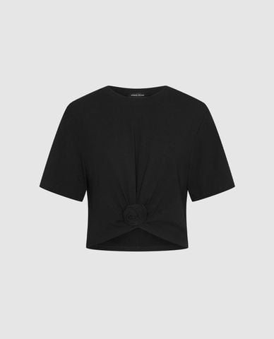  URBAN REVIVO - Áo kiểu nữ cổ tròn tay ngắn xoắn hoa 