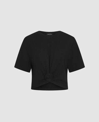  URBAN REVIVO - Áo kiểu nữ cổ tròn tay ngắn xoắn hoa 