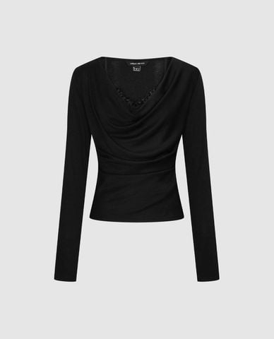  URBAN REVIVO - Áo kiểu nữ cổ đổ tay dài phối ren 