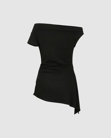  URBAN REVIVO - Áo trễ vai nữ tay ngắn phom ôm 