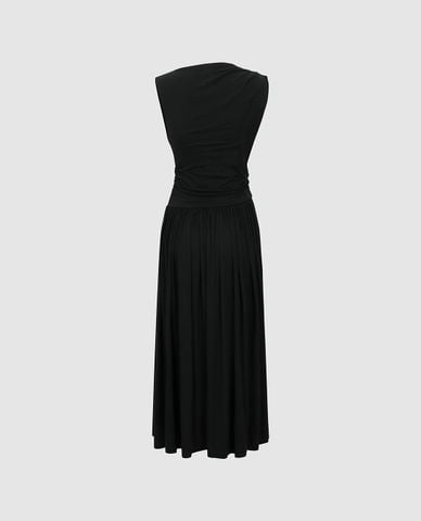  URBAN REVIVO - Đầm sát nách midi lệch vai xếp nếp 