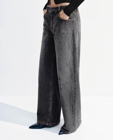  URBAN REVIVO - Quần jeans nữ ống rộng wash bạc 