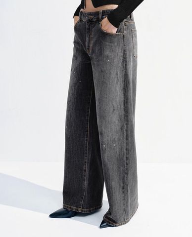  URBAN REVIVO - Quần jeans nữ ống rộng wash bạc 