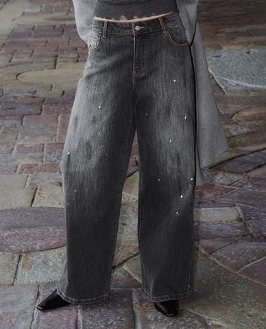  URBAN REVIVO - Quần jeans nữ ống rộng wash bạc 