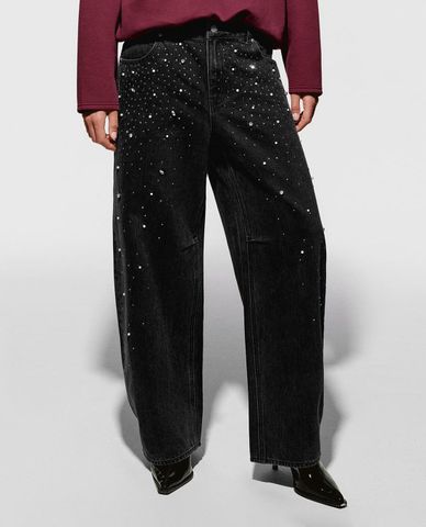  URBAN REVIVO - Quần jeans nữ ống rộng đính đá 