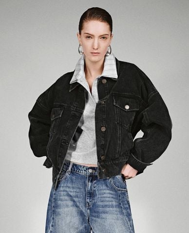  URBAN REVIVO - Áo khoác denim nữ tay dài túi hộp 