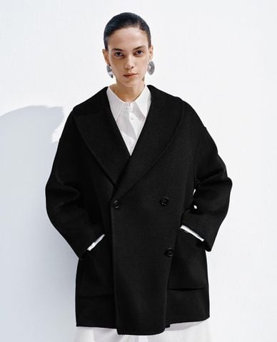  URBAN REVIVO - Áo khoác dạ lông cừu nữ cổ ve hai hàng nút 