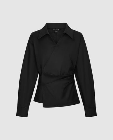  URBAN REVIVO - Áo kiểu nữ cổ bẻ tay dài vạt chéo 