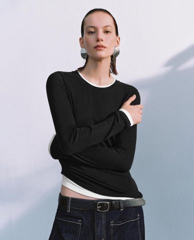  URBAN REVIVO - Áo thun nữ cổ tròn tay dài vạt chéo 