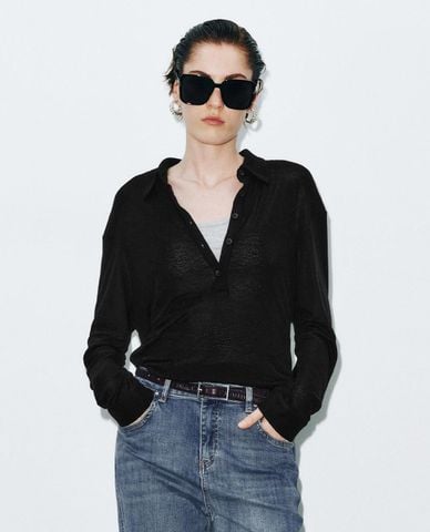  URBAN REVIVO - Áo polo nữ cổ bẻ tay dài xuyên thấu 