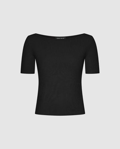  URBAN REVIVO - Áo thun nữ cổ thuyền tay ngắn phom ôm 