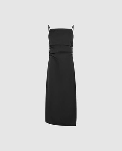  URBAN REVIVO - Đầm hai dây midi xếp nếp hiện đại 