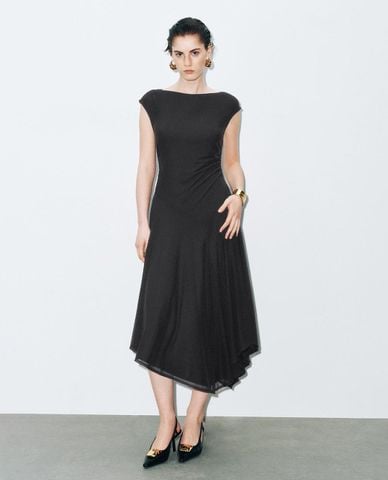  URBAN REVIVO - Đầm midi cổ thuyền tà lệch 