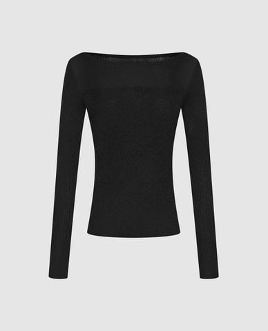  URBAN REVIVO - Áo dệt kim nữ cổ thuyền tay dài phom ôm 