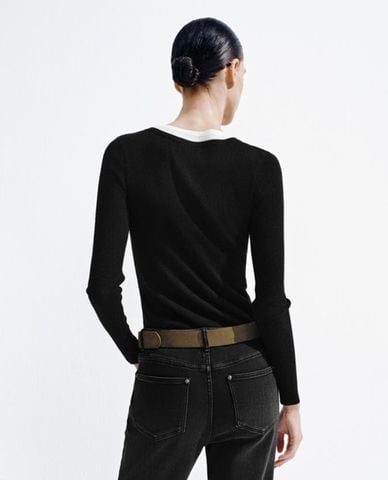  URBAN REVIVO - Áo dệt kim nữ cổ tròn tay dài phối viền 