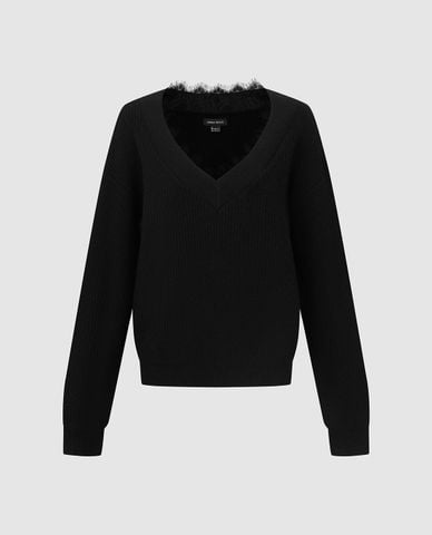  URBAN REVIVO - Áo dệt kim nữ cổ V tay dài phối ren 