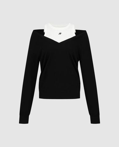  URBAN REVIVO - Áo dệt kim nữ cổ V tay dài phối layer 