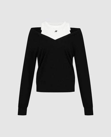  URBAN REVIVO - Áo dệt kim nữ cổ V tay dài phối layer 