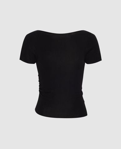  URBAN REVIVO - Áo dệt kim nữ cổ thuyền tay ngắn phom ôm 