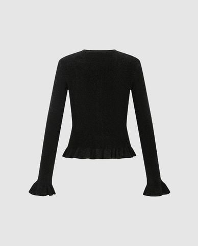 URBAN REVIVO - Áo khoác dệt kim nữ cổ tròn bèo nhún 
