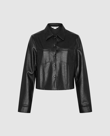  URBAN REVIVO - Áo khoác da nữ cổ bẻ tay dài phom croptop 