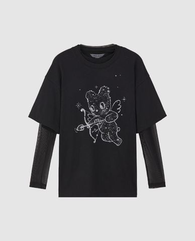  URBAN REVIVO - Áo thun nữ cổ tròn tay dài phối lưới in họa tiết 