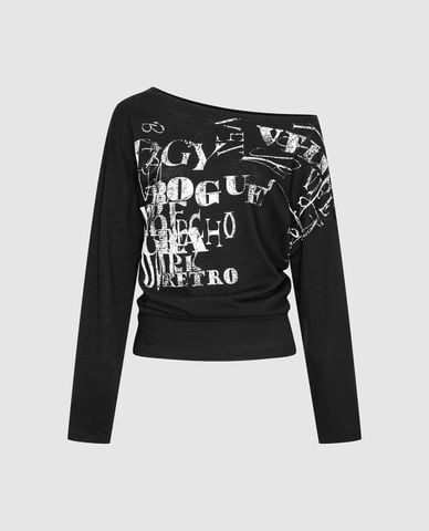  URBAN REVIVO - Áo trễ vai nữ tay dài in họa tiết retro 