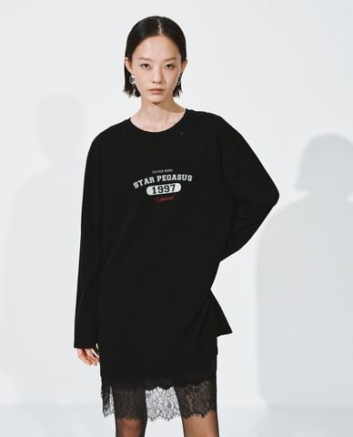  URBAN REVIVO - Đầm midi cổ tròn tay dài phối ren 