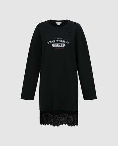  URBAN REVIVO - Đầm midi cổ tròn tay dài phối ren 