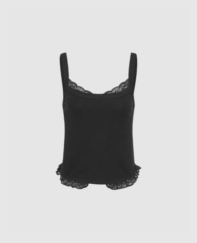  URBAN REVIVO - Áo hai dây nữ phom ôm viền ren 