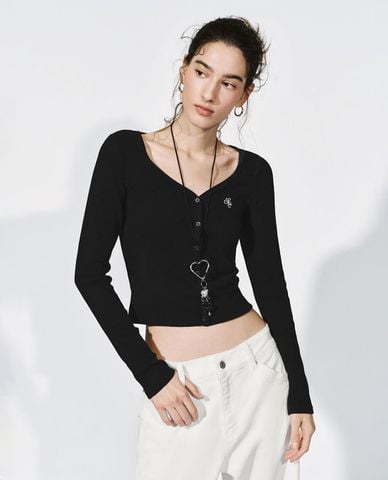  URBAN REVIVO - Áo dệt kim nữ cổ V tay dài thêu họa tiết 