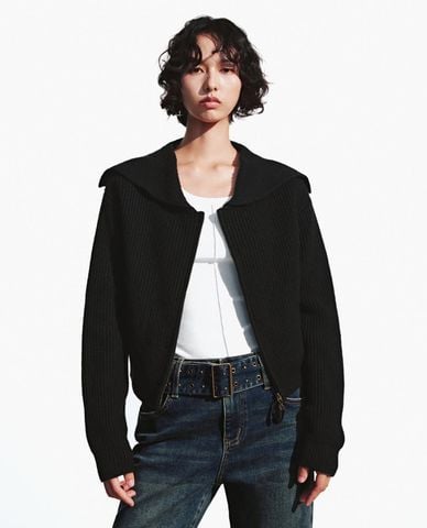  URBAN REVIVO - Áo khoác cardigan nữ cổ rộng khóa kéo 