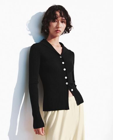  URBAN REVIVO - Áo khoác cardigan nữ cổ thuỷ thủ tay dài phom ôm 