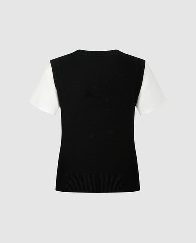  URBAN REVIVO - Áo dệt kim nữ cổ tròn tay ngắn phối họa tiết 