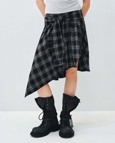  URBAN REVIVO - Chân váy midi bất đối xứng thắt nút kẻ caro 