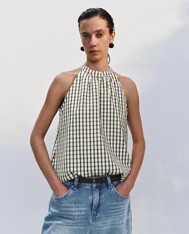  URBAN REVIVO - Áo sát nách nữ cổ yếm kẻ caro 