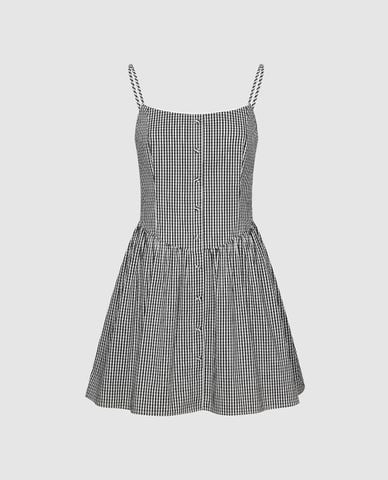 URBAN REVIVO - Đầm hai dây mini kẻ sọc phối nút 