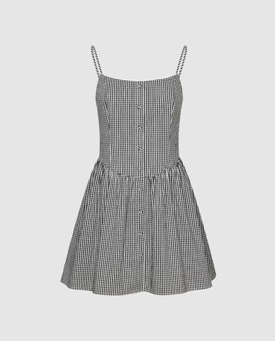  URBAN REVIVO - Đầm hai dây mini kẻ sọc phối nút 