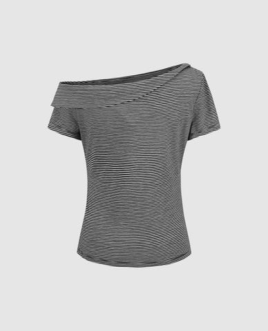  URBAN REVIVO - Áo trễ vai nữ tay ngắn kẻ sọc 