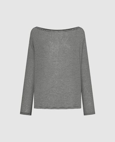 URBAN REVIVO - Áo dệt kim nữ cổ thuyền tay dài kẻ sọc 