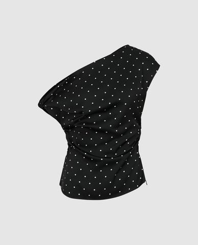  URBAN REVIVO - Áo trễ vai nữ tay ngắn chấm bi phom ôm 