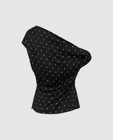  URBAN REVIVO - Áo trễ vai nữ tay ngắn chấm bi phom ôm 