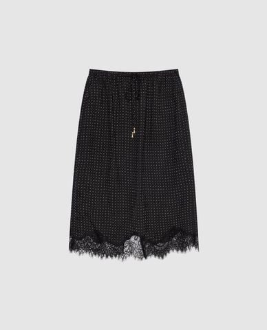  URBAN REVIVO - Chân váy phom suông midi chấm bi viền ren 