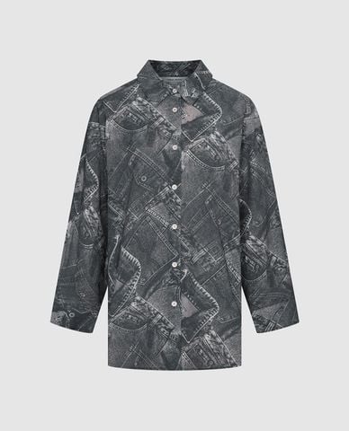  URBAN REVIVO - Áo sơ mi nữ cổ bẻ tay dài họa tiết denim 