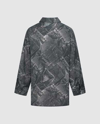  URBAN REVIVO - Áo sơ mi nữ cổ bẻ tay dài họa tiết denim 