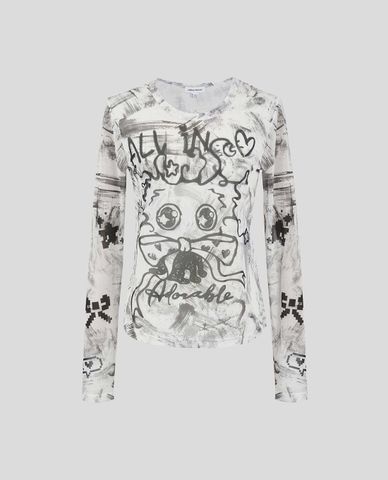  URBAN REVIVO - Áo thun nữ cổ tròn tay dài họa tiết graffiti 