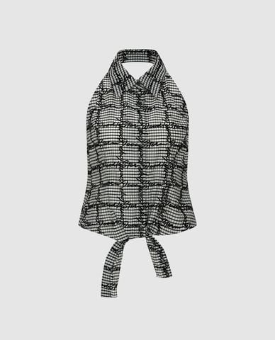  URBAN REVIVO - Áo kiểu nữ cổ bẻ cut out sọc caro 